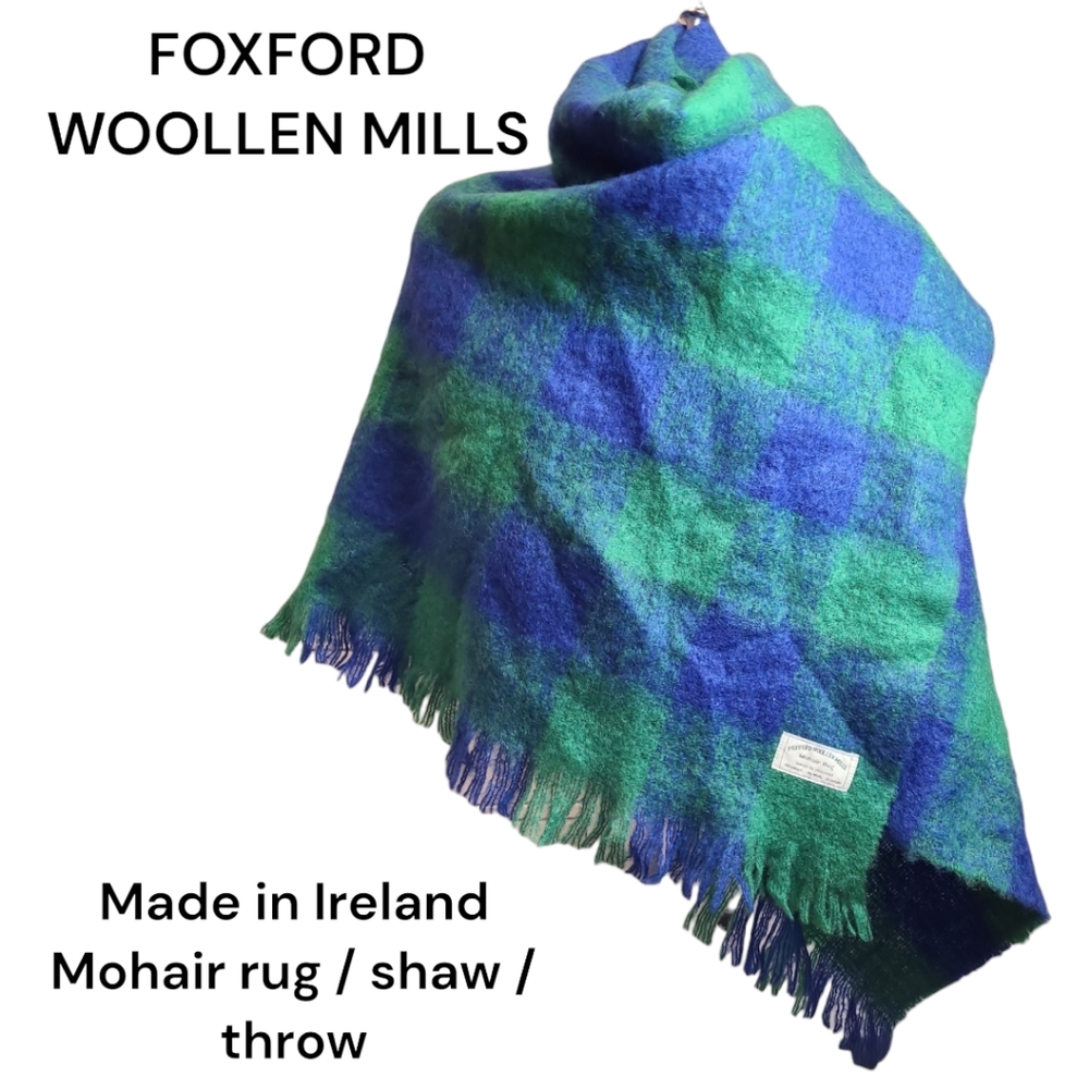 Vintage FOXFORD Woollen Mills Mohair throw blue green plaid O/S